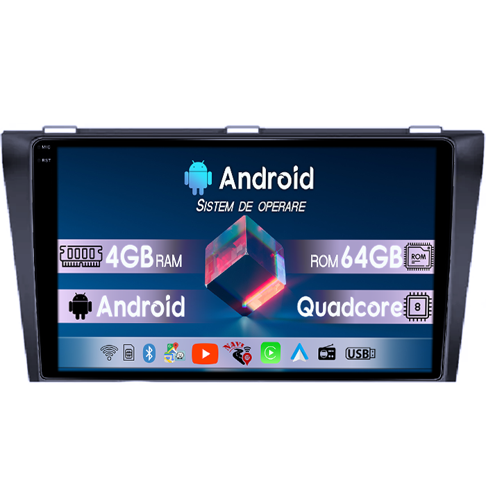 Navigatie dedicata Mazda 3 2004-2009, 4GB RAM 64GB ROM, Quad Core, Display 9" QLED 1K, Carplay, Android 14, Bluetooth, Magazin Play, Suport Camere AHD [1]