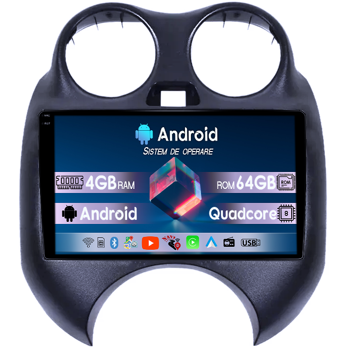 Navigatie dedicata Nissan March 2010-2013 & Micra 2010-2015, 4GB RAM 64GB ROM, Quad Core, Display 9" QLED 1K, Carplay, Android 14, Bluetooth, Magazin Play, Suport Camere AHD [1]