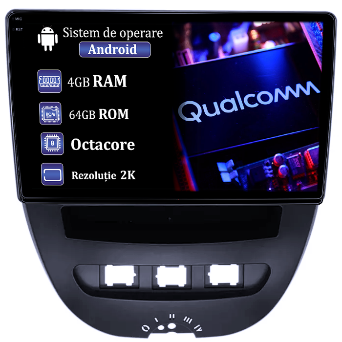 Navigatie dedicata Peugeot 107 2009-2015, 4GB RAM 64GB ROM, Procesor Qualcomm Octacore, Android 14, Rezolutie 2K, Display QLED 9", DSP, Carplay&Android Auto, SIM 4G [1]