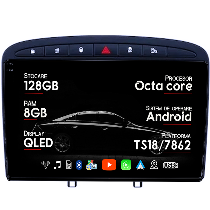 Navigatie dedicata Peugeot 408 2008-2020, black, 8GB RAM 128GB ROM, Octacore, Platforma TS18, Android 14, Display QLED 9", Suporta camera 360", DSP, Carplay&Android Auto, SIM 4G, Ventilator Activ [1]
