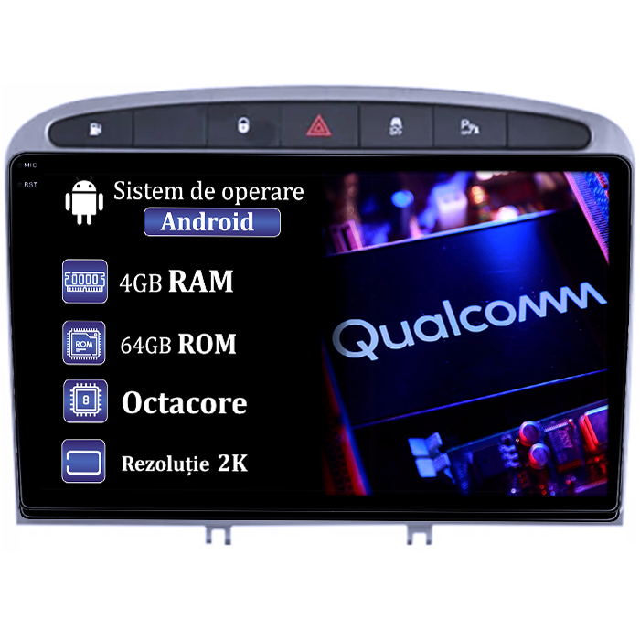 Navigatie dedicata Peugeot 408 2008-2020, gri, 4GB RAM 64GB ROM, Procesor Qualcomm Octacore, Android 14, Rezolutie 2K, Display QLED 9", DSP, Carplay&Android Auto, SIM 4G [1]