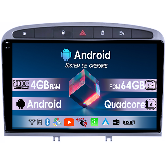 Navigatie dedicata Peugeot 408 2008-2020, gri, 4GB RAM 64GB ROM, Quad Core, Display 9" QLED 1K, Carplay, Android 14, Bluetooth, Magazin Play, Suport Camere AHD [1]