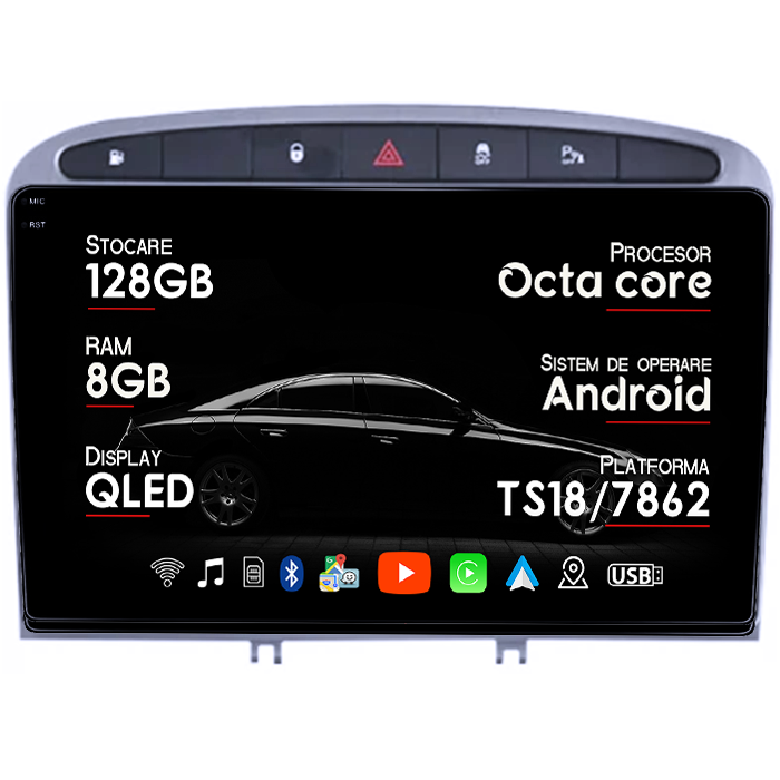 Navigatie dedicata Peugeot 408 2008-2020, gri, 8GB RAM 128GB ROM, Octacore, Platforma TS18, Android 14, Display QLED 9", Suporta camera 360", DSP, Carplay&Android Auto, SIM 4G, Ventilator Activ [1]