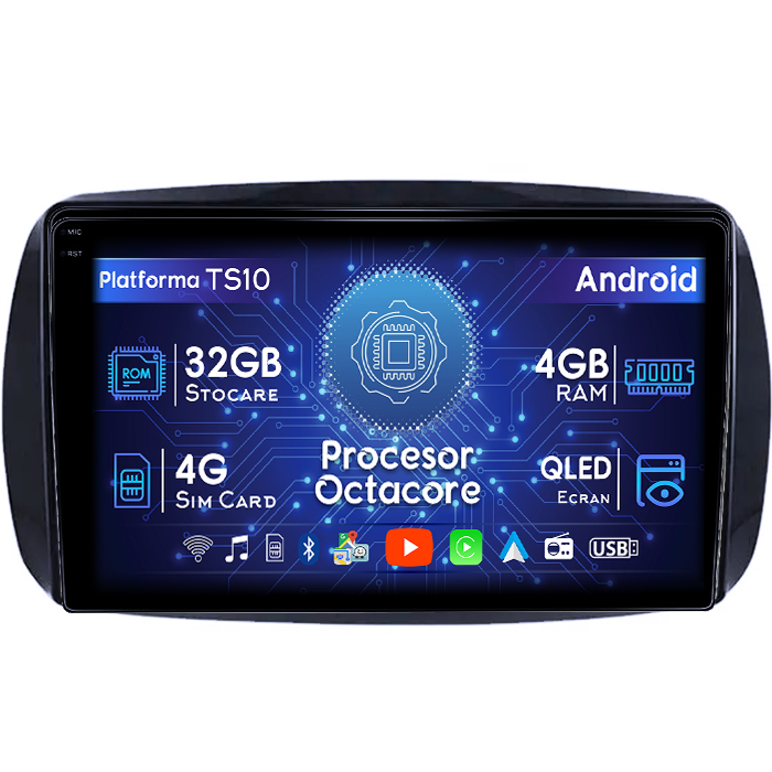 Navigatie dedicata Smart Fortwo dupa 2014, 4GB RAM 32GB ROM, Octacore, Android 14, Display QLED 1K 9", DSP, Carplay&Android Auto, SIM 4G, Bluetooth, Ventilator Activ [1]