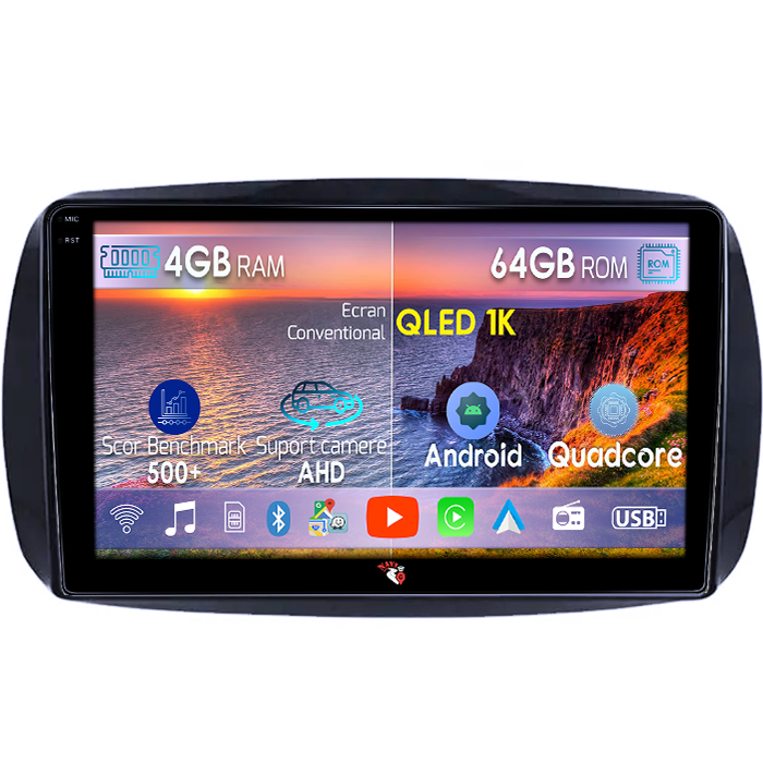Navigatie dedicata Smart Fortwo dupa 2014, 4GB RAM 64GB ROM, Octacore, Android 14, Display QLED 1K 9", Carplay&Android Auto, SIM 4G, Ventilator Activ [1]