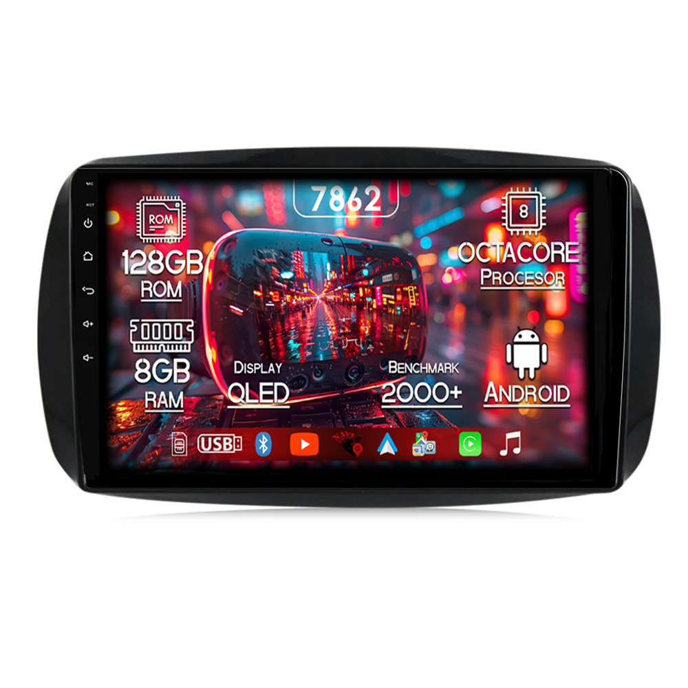 Navigatie dedicata Smart Fortwo după 2014, 8GB RAM 128GB ROM, Octacore, Platforma 7862,Android 13, Display QLED 9”, Suporta camera 360º, DSP, Carplay&Android Auto, SIM 4G, Ventilator Activ [1]