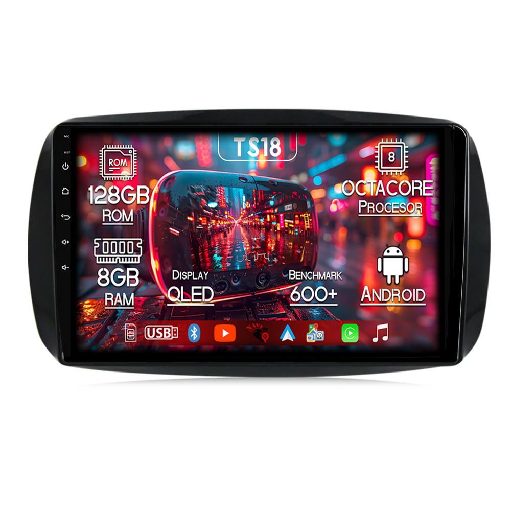 Navigatie dedicata Smart Fortwo după 2014, 8GB RAM 128GB ROM, Octacore, Platforma TS18, Android 13, Display QLED 9”, Suporta camera 360º, DSP, Carplay&Android Auto, SIM 4G, Ventilator Activ [1]