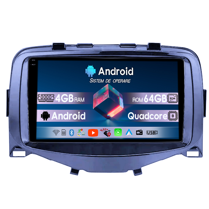 Navigatie dedicata Toyota Aygo 2016, 4GB RAM 64GB ROM, Quad Core, Display 9" QLED 1K, Carplay, Android 14, Bluetooth, Magazin Play, Suport Camere AHD [1]