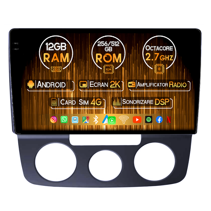 Navigatie dedicata Volkswagen Bora 2008-2012, 12GB RAM 256GB ROM, Android 14, Rezolutie 2K, Display QLED, 10", DSP, Carplay, Android Auto, Internet, Youtube, Waze, Wi Fi, USB [1]