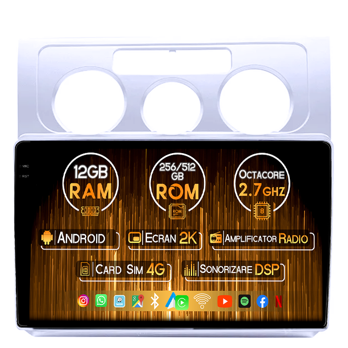 Navigatie dedicata VW Touran 2003-2015 Silver, 12GB RAM 256GB ROM, Android 14, Rezolutie 2K, Display QLED, 10", DSP, Carplay, Android Auto, Internet, Youtube, Waze, Wi Fi, USB [1]