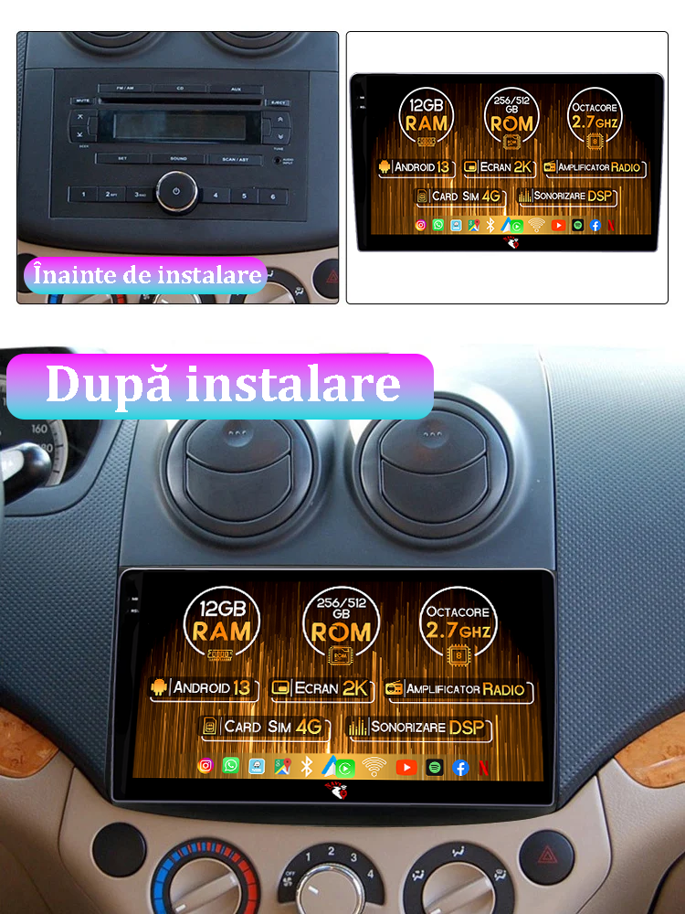 Navigatie dedicata Chevrolet Aveo 2006-2012, 12GB RAM 256GB ROM, Android 13, Rezolutie 2K, Display QLED, 9", DSP, Carplay, Android Auto, Internet, Youtube, Waze, Wi Fi, USB [5]