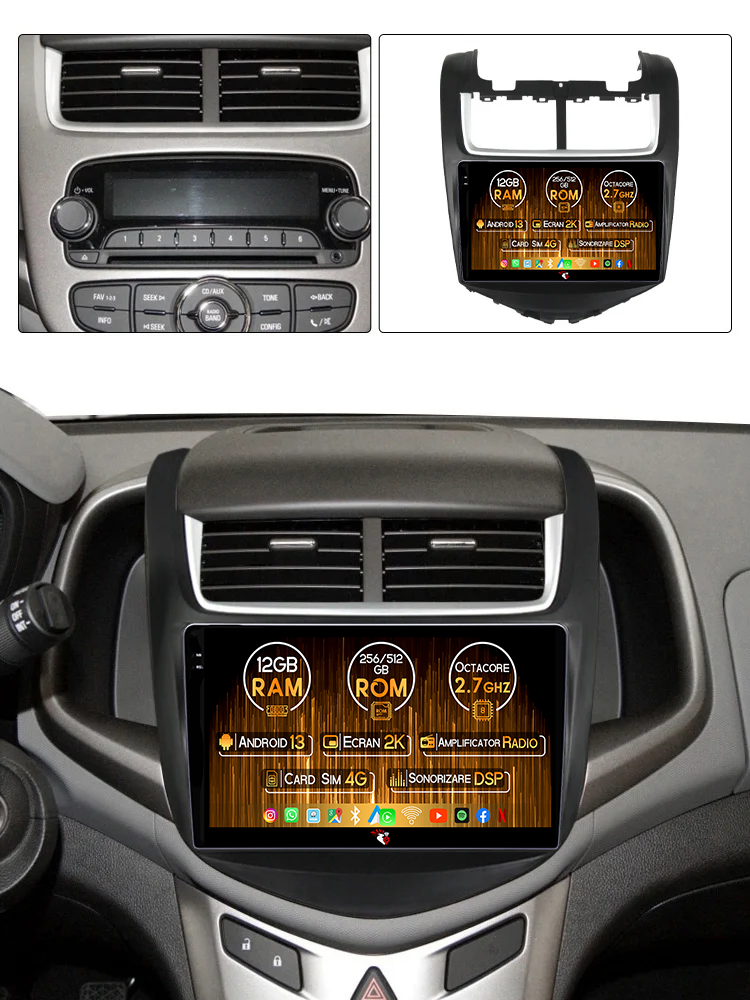 Navigatie dedicata Chevrolet Aveo 2014-2017, 12GB RAM 256GB ROM, Android 13, Rezolutie 2K, Display QLED, 9", DSP, Carplay, Android Auto, Internet, Youtube, Waze, Wi Fi, USB [5]