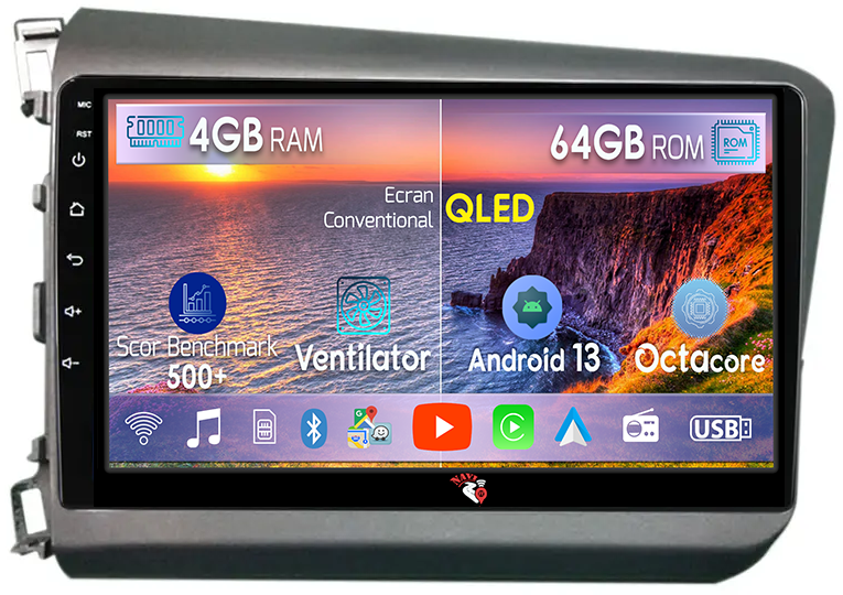 Navigatie dedicata Honda Civic 2012-2015, 4GB RAM 64GB ROM, Octacore, Android 14, Display QLED 1K 9", Carplay&Android Auto, SIM 4G, Ventilator Activ - Copie [1]