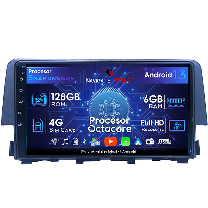 Navigatie dedicata Honda Civic ( 2016 - 2020 ), 6GB RAM + 128GB ROM 4G, IPS, DSP, RDS, Android 11, Display 9 inch, Internet, Aplicatii , Waze , Wi Fi , Usb , Bluetooth , Mirrorlink [1]
