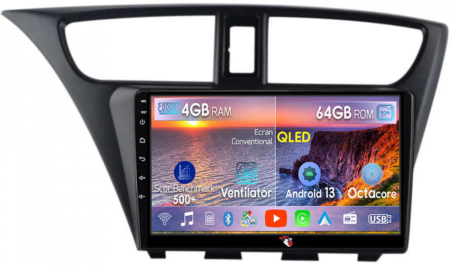 Navigatie dedicata Honda Civic IX Hatchback 2011-2015, 4GB RAM 64GB ROM, Octacore, Android 14, Display QLED 1K 9", Carplay&Android Auto, SIM 4G, Ventilator Activ [1]