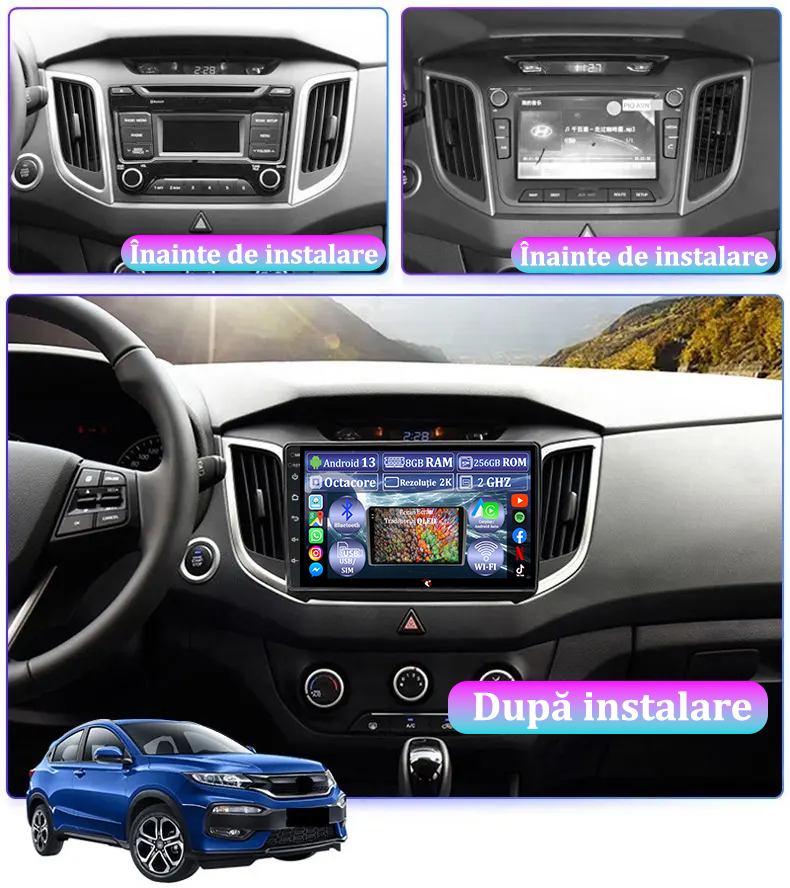 Navigatie dedicata Hyundai ix 25 / Creta, 4GB RAM 64GB ROM, Octacore, Android 13, Display QLED 9", DSP, Carplay, Android Auto, Internet, Youtube, Waze, WIFI, Bluetooth [7]