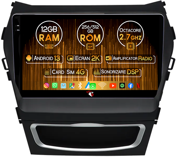 Navigatie dedicata Hyundai Santa Fe 2012-2018, 12GB RAM 256GB ROM, Android 13, Rezolutie 2K, Display QLED, 9", DSP, Carplay, Android Auto, Internet, Youtube, Waze, Wi Fi, USB [1]