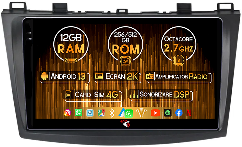 Navigatie dedicata Mazda 3 2010-2012, 12GB RAM 256GB ROM, Android 13, Rezolutie 2K, Display QLED, 9", DSP, Carplay, Android Auto, Internet, Youtube, Waze, Wi Fi, USB [1]