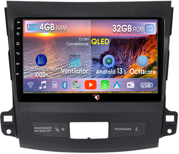 Navigatie dedicata Mitsubishi Outlander 2005-2011, 4 GB RAM 32 ROM, Android 13, Display QLED, 9", DSP, Carplay, Android Auto, Internet, Youtube , Waze , WI-FI , USB , Bluetooth [1]