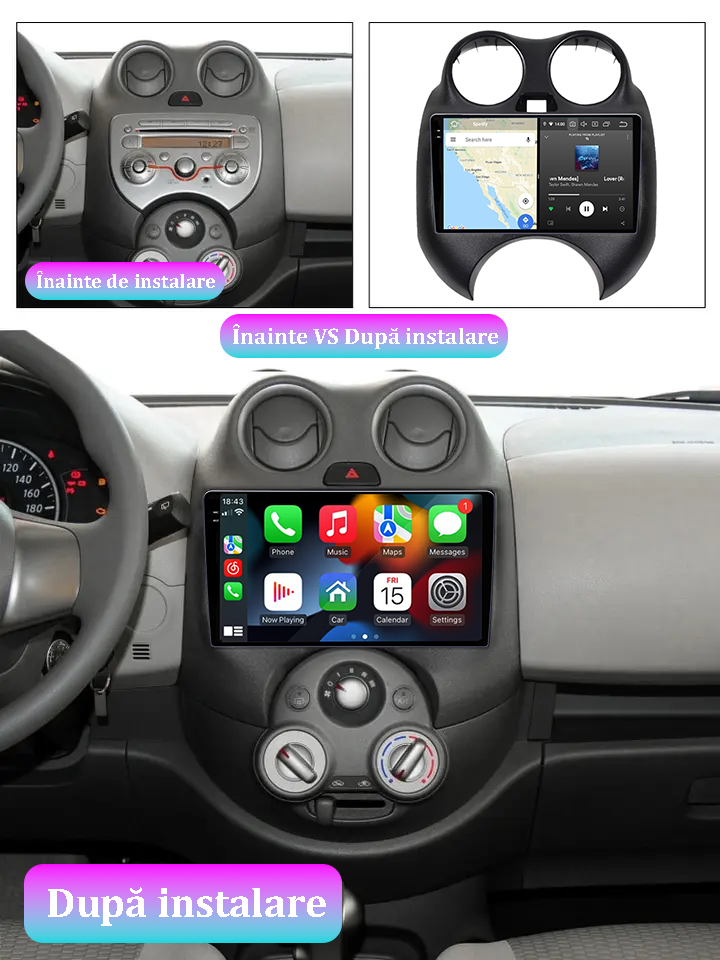 Navigatie dedicata Nissan March 2010-2013 & Micra 2010-2015 , 12GB RAM 256GB ROM, Android 13, Rezolutie 2K, Display QLED, 9", DSP, Carplay, Android Auto, Internet, Youtube, Waze, Wi Fi, USB [5]