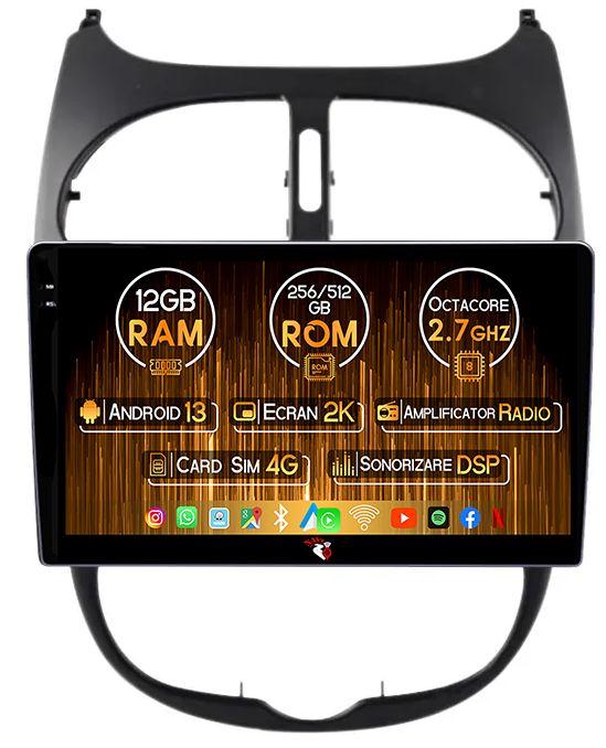 Navigatie dedicata Peugeot 206 2004-2008, 12GB RAM 256GB ROM, Android 13, Rezolutie 2K, Display QLED, 9", DSP, Carplay, Android Auto, Internet, Youtube, Waze, Wi Fi, USB [1]
