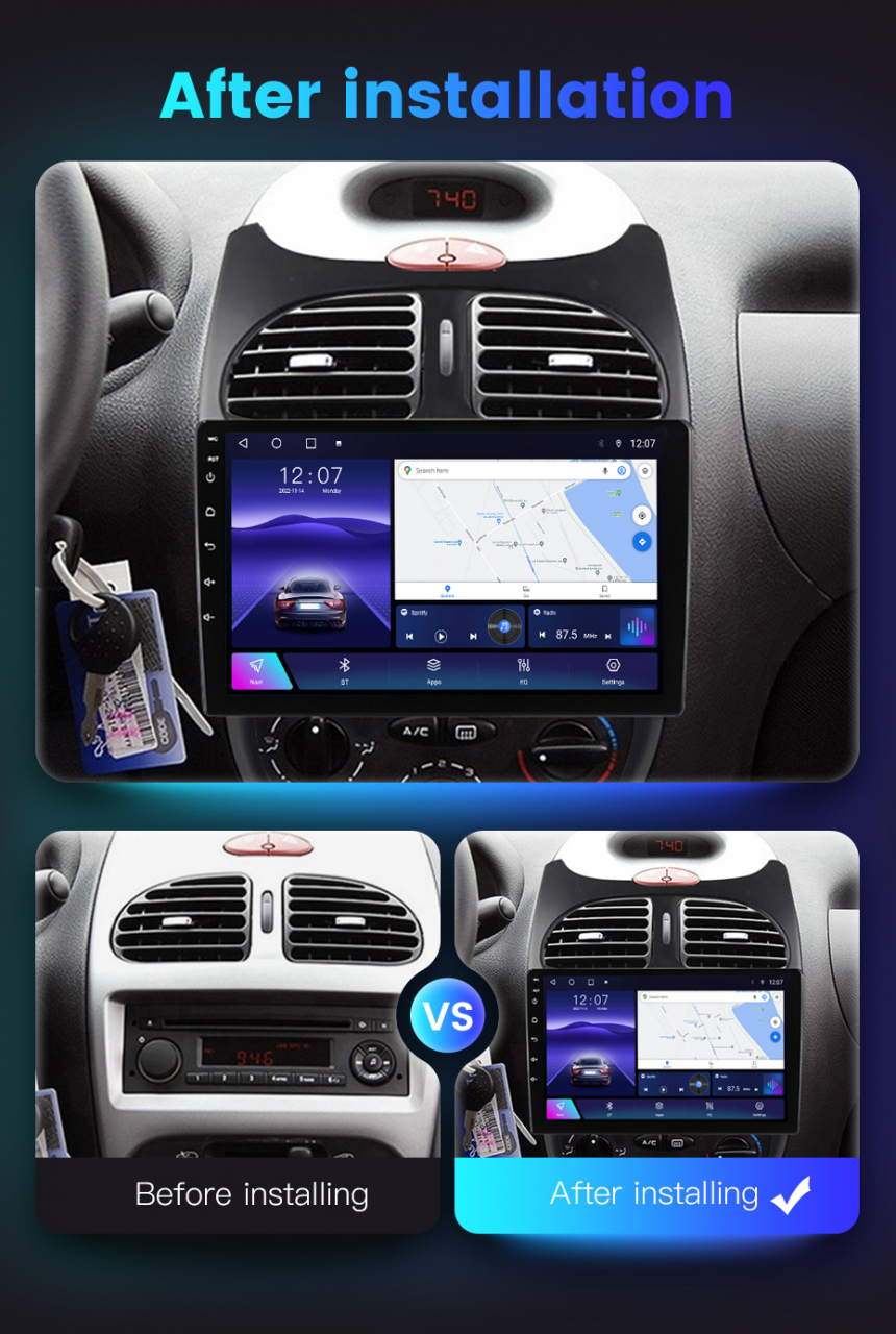 Navigatie dedicata Peugeot 206 2004-2008, 4 GB RAM 32 ROM, Android 13, Display QLED, 9", DSP, Carplay, Android Auto, Internet, Youtube , Waze , WI-FI , USB , Bluetooth [7]