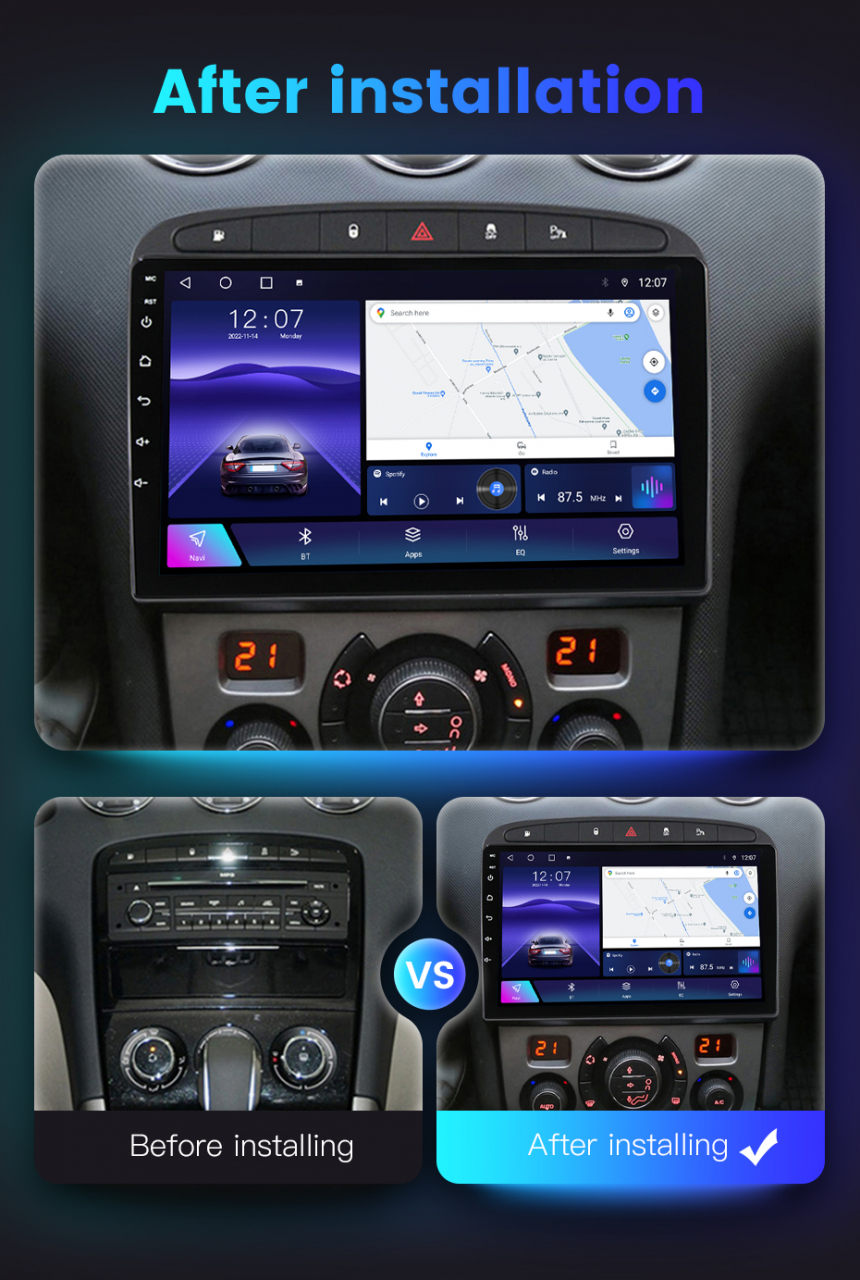 Navigatie dedicata Peugeot 408 Black, 4GB RAM 64GB ROM, Octacore, Android 13, Display QLED 9", DSP, Carplay, Android Auto, Internet, Youtube, Waze, WIFI, Bluetooth [5]