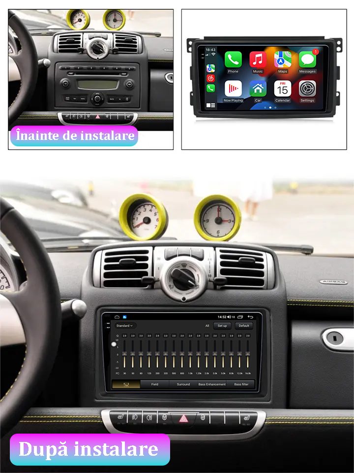 Navigatie dedicata Smart Fortwo 2006-2011, 12GB RAM 256GB ROM, Android 13, Rezolutie 2K, Display QLED, 9", DSP, Carplay, Android Auto, Internet, Youtube, Waze, Wi Fi, USB [5]