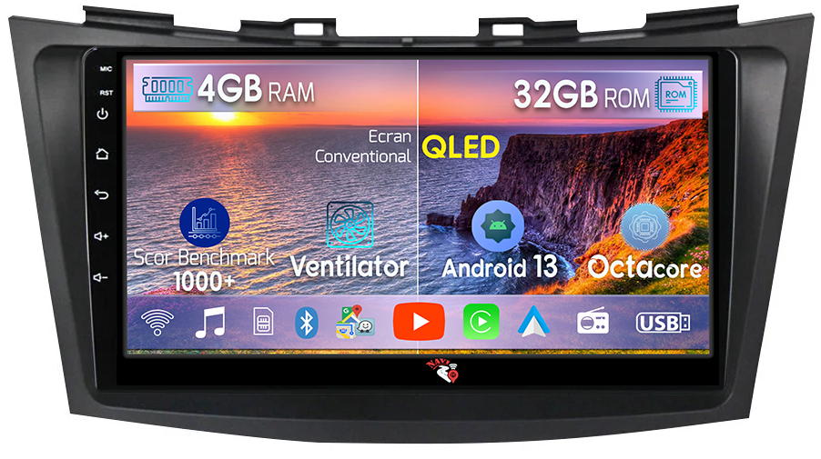 Navigatie dedicata Suzuki Swift 2011-2015 , 4 GB RAM 32 ROM, Android 13, Display QLED, 9", DSP, Carplay, Android Auto, Internet, Youtube , Waze , WI-FI , USB , Bluetooth [1]