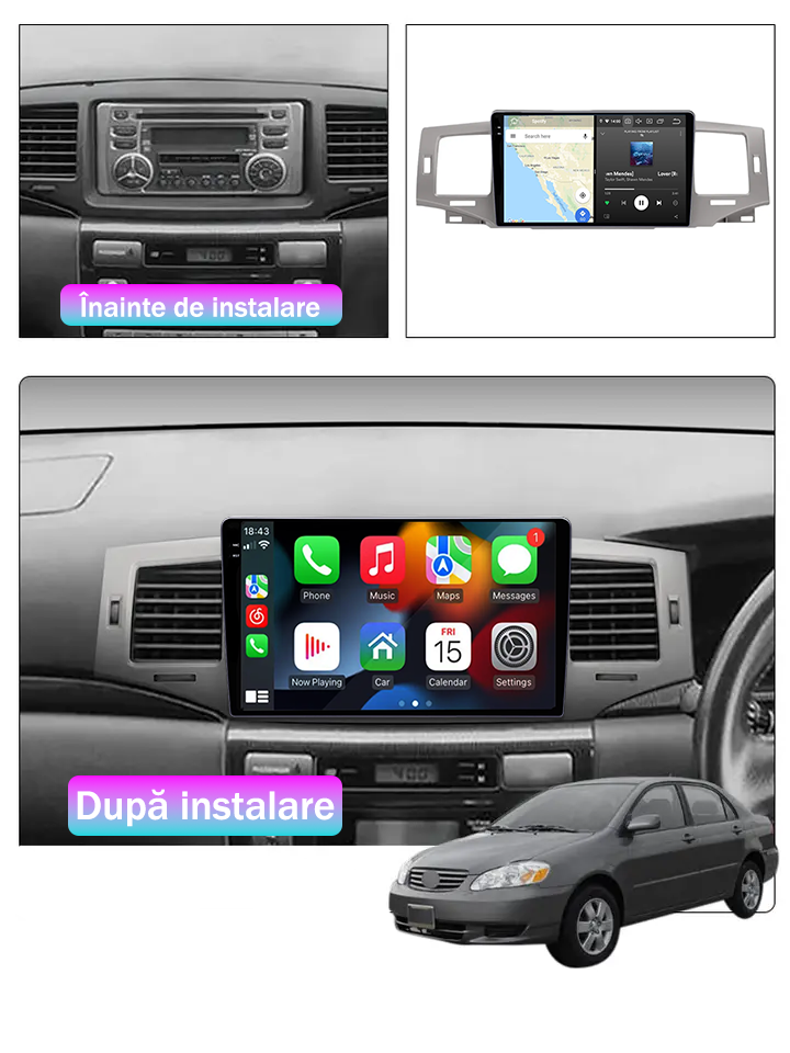 Navigatie dedicata Toyota Corolla 9 E120 2004-2006, 12GB RAM 256GB ROM, Android 13, Rezolutie 2K, Display QLED, 9", DSP, Carplay, Android Auto, Internet, Youtube, Waze, Wi Fi, USB [5]