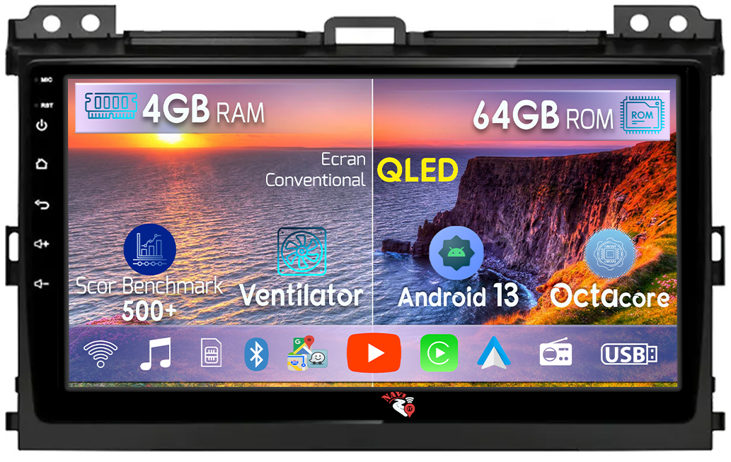 Navigatie dedicata Toyota Prado 2004-2009, 4GB RAM 64GB ROM, Octacore, Android 13, Display QLED 9", DSP, Carplay, Android Auto, Internet, Youtube, Waze, WIFI, Bluetooth [1]
