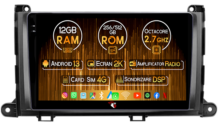 Navigatie dedicata Toyota Sienna 2009-2014, 12GB RAM 256GB ROM, Android 13, Rezolutie 2K, Display QLED, 9", DSP, Carplay, Android Auto, Internet, Youtube, Waze, Wi Fi, USB [1]