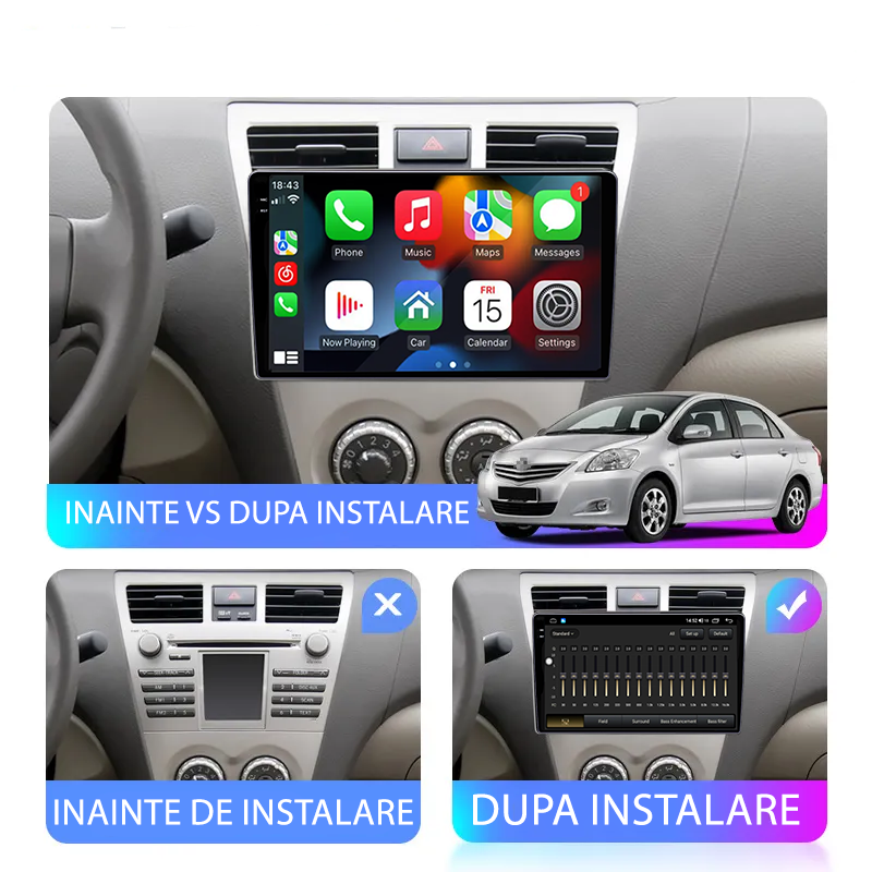 Navigatie dedicata Toyota Vios 2007-2012 , 12GB RAM 256GB ROM, Android 13, Rezolutie 2K, Display QLED, 9", DSP, Carplay, Android Auto, Internet, Youtube, Waze, Wi Fi, USB [5]