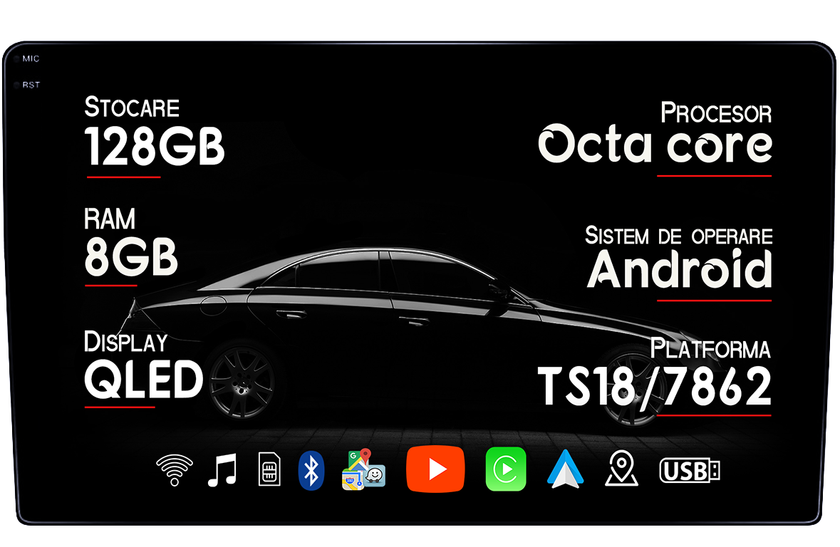 Navigatie Universala cu instalare pe bord, 8GB RAM 128GB ROM, Octacore, Platforma TS18, Android 14, Display QLED 9", Suporta camera 360", DSP, Carplay&Android Auto, SIM 4G, Ventilator Activ - Copie [1]