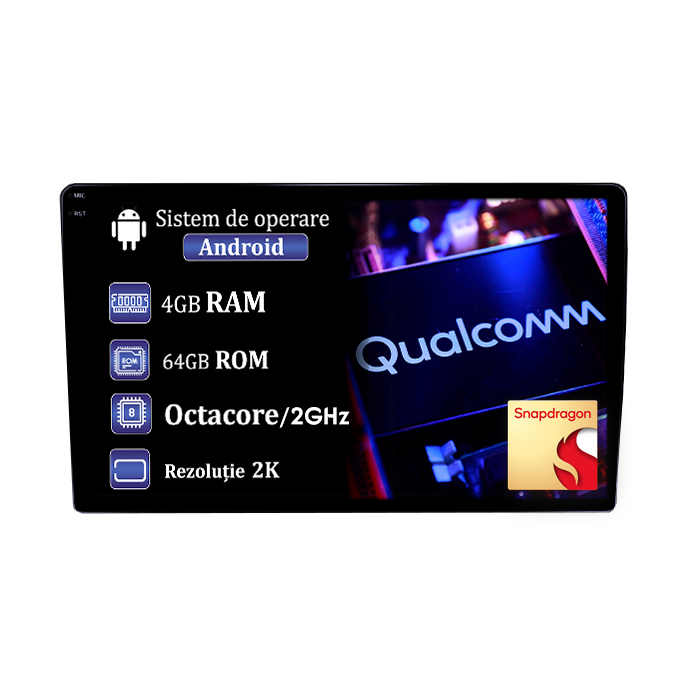 Navigatie universala, 4GB RAM 64GB ROM, Procesor SnapDragon Qualcomm Octacore 2.0GHz, Android 14, Rezolutie 2K, Display QLED 9", DSP, Carplay&Android Auto, SIM 4G [1]