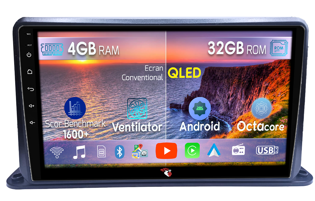 Navigatie Universala cu instalare pe bord, 4GB RAM 32GB ROM, Octacore, Android 14, Display QLED 9", DSP, Carplay&Android Auto, SIM 4G, Bluetooth, Ventilator Activ [1]