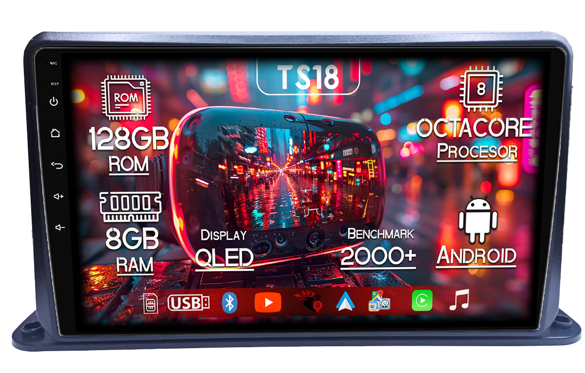 Navigatie Universala cu instalare pe bord, 8GB RAM 128GB ROM, Octacore, Platforma TS18, Android 14, Display QLED 9”, Suporta camera 360º, DSP, Carplay&Android Auto, SIM 4G, Ventilator Activ [1]