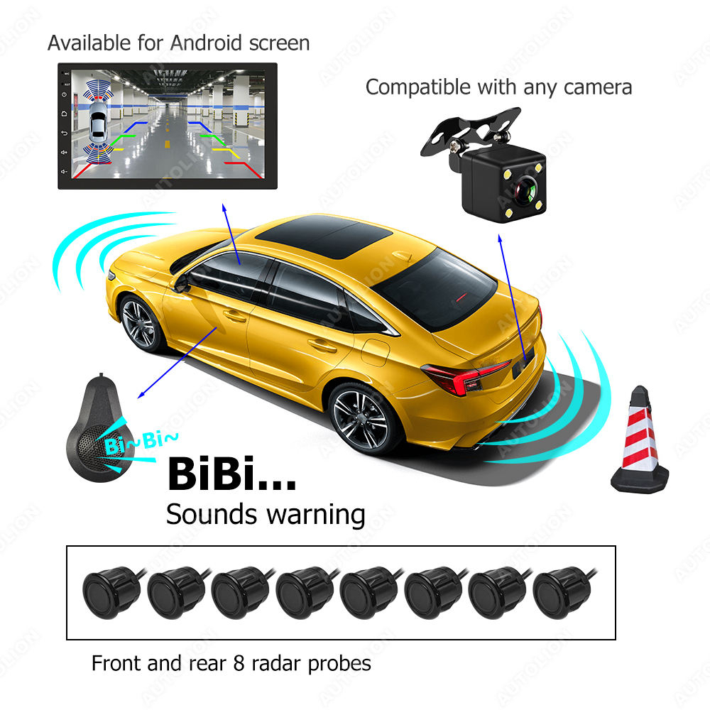 Set 8 senzori de parcare compatibili cu orice cameră de rezervă & ecran Android negru/alb/argintiu, unghi de vizualizare de 170 de grade [2]