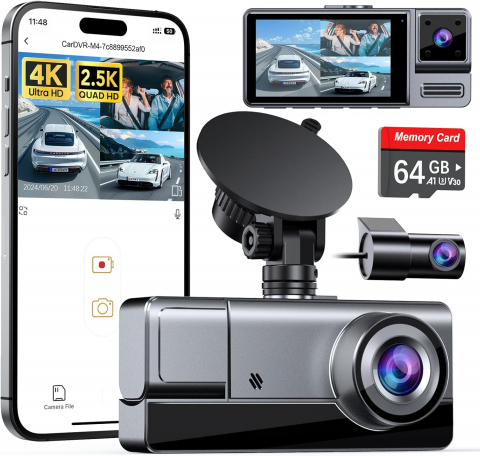 Camera auto DVR, 3 canale, rezolutie 4K, 64GB card de stocare, mod parcare de 24 de ore [1]