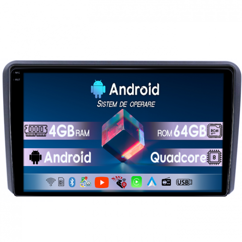 Audi A3 - Navigatie dedicata Audi A3 2003-2013, Android 14, Wireless Carplay si Android auto 4GB RAM 64GB ROM, Quadcore, Display QLED 1K, 9inch, Microfon Extern, Camera AHD