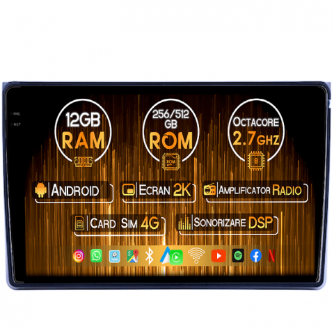 Navigatii Dedicate - Navigatie dedicata Fiat Panda 2003-2012, 12GB RAM 256GB ROM, Android 13, Rezolutie 2K, Display QLED, 9", DSP, Carplay, Android Auto