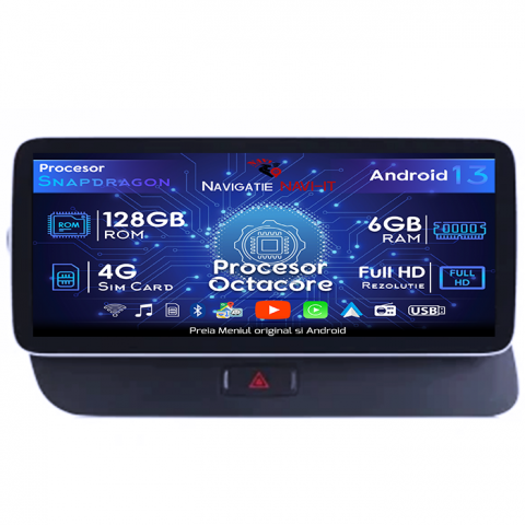 Q5 - Navigatie dedicata Audi Q5 2009 -2016 MMI 3G, Android 13, Wireless Carplay si Android auto, 6GB RAM 128GB ROM, Octacore 2.0ghz, Display IPS 1280*720, 10.25 inch, Microfon Extern
