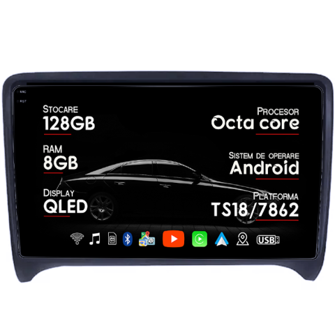 Navigatii Dedicate - Navigatie dedicata Audi TT 2006-2015, 8GB RAM 128GB ROM, Octacore, Platforma TS18, Android 13, Display QLED 9”, Suporta camera 360º, DSP, Carplay&Android Auto, SIM 4G, Ventilator Activ