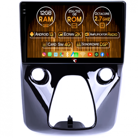 Toyota - Navigatie dedicata Aygo 2012-2020, 12GB RAM 256GB ROM, Android 13, Rezolutie 2K, Display QLED 10", DSP, Carplay, SIM 4G