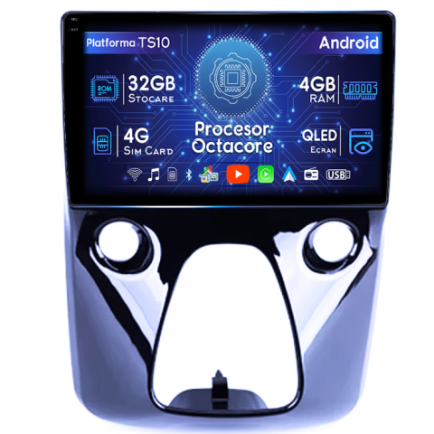 Aygo 2014-2022 - Navigatie dedicata Aygo 2012-2020, 4 GB RAM 32 ROM, Octacore, Android 13, Display QLED 1K 10", DSP, Carplay, Android Auto, SIM 4G, Bluetooth, Ventilator Activ