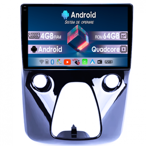 Aygo 2014-2022 - Navigatie dedicata Aygo 2012-2020, 4GB RAM 64GB ROM, Quad Core, Display 10" QLED 1K, Carplay, Android 14,Suport Camere AHD