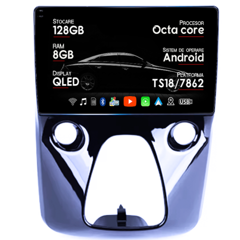 Aygo 2014-2022 - Navigatie dedicata Aygo 2012-2020, 8GB RAM 128GB ROM, Octacore, Platforma TS18, Android 14, Display QLED 10â, Suporta camera 360Âş, DSP, Carplay&Android Auto, SIM 4G, Ventilator Activ