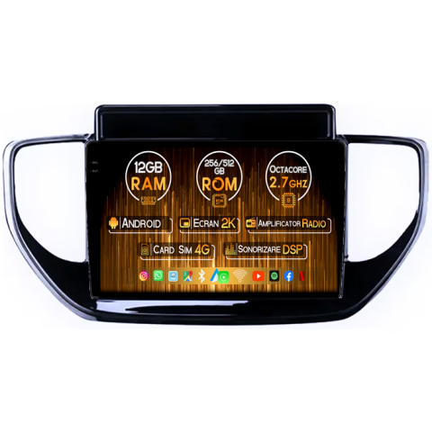 Navigatii Dedicate - Navigatie dedicata Hyundai Solaris 2 2020-2021, 12GB RAM 256GB ROM, Android 14, Rezolutie 2K, Display QLED, 9", DSP, Carplay, Android Auto, Internet, Youtube, Waze, Wi Fi, USB