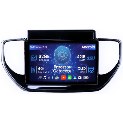 Solaris 2 2020-2021 - Navigatie dedicata Hyundai Solaris 2 2020-2021, 4GB RAM 32GB ROM, Octacore, Android 14, Display QLED  9", DSP, Carplay&Android Auto, SIM 4G, Bluetooth, Ventilator Activ