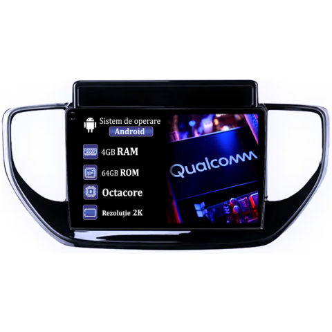 Navigatii Dedicate - Navigatie dedicata Hyundai Solaris 2 2020-2021, 4GB RAM 64GB ROM, Procesor Qualcomm Octacore, Android 14, Rezolutie 2K, Display QLED 9", DSP, Carplay&Android Auto, SIM